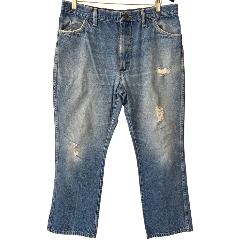 Vtg 70s Rustler Jeans Mens 36X28 Blue Denim Straight Leg USA Distressed Talon